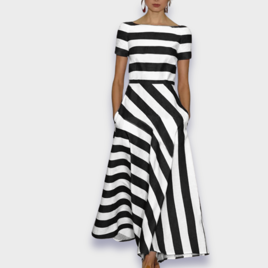 Boat Neck Short Sleeve Mixed Direction Stripe Panel A-Line Pocket Maxi Dress