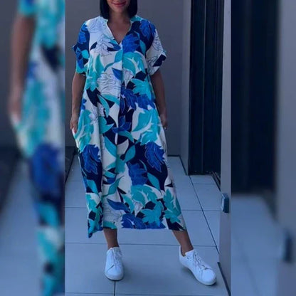 V Neck Short Sleeve Oversized Damask Print Border Hem Maxi Dress