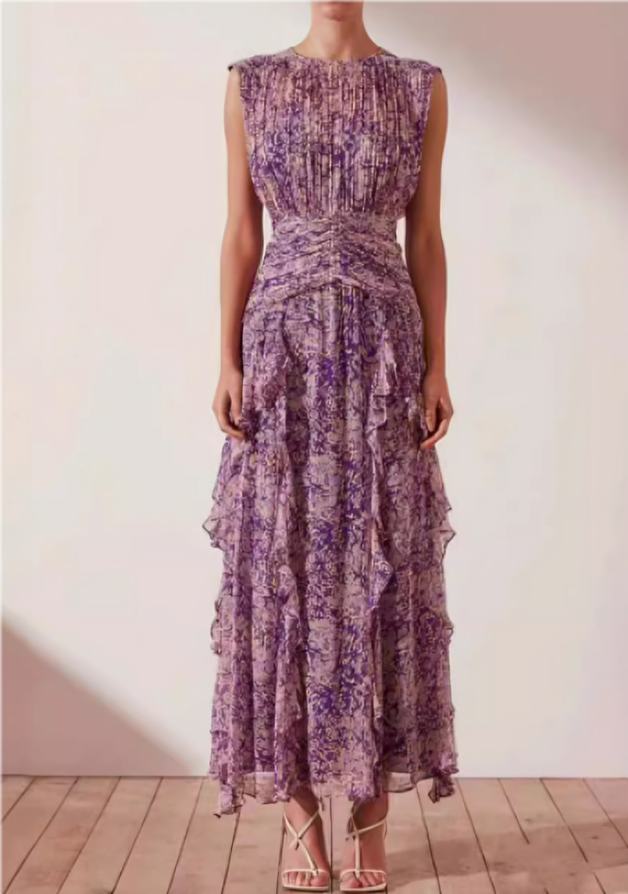 Abstract Print Tiered Ruffle Cascade Maxi Dress