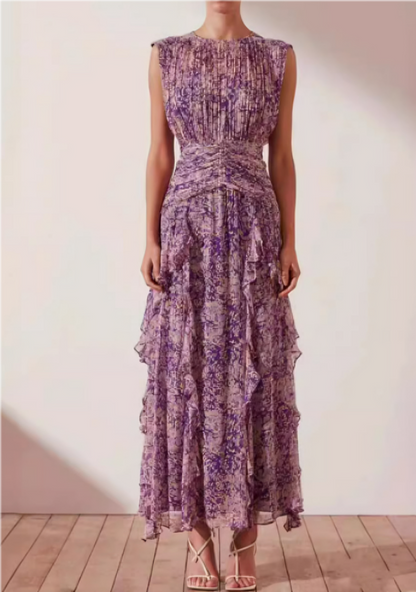 Abstract Print Tiered Ruffle Cascade Maxi Dress