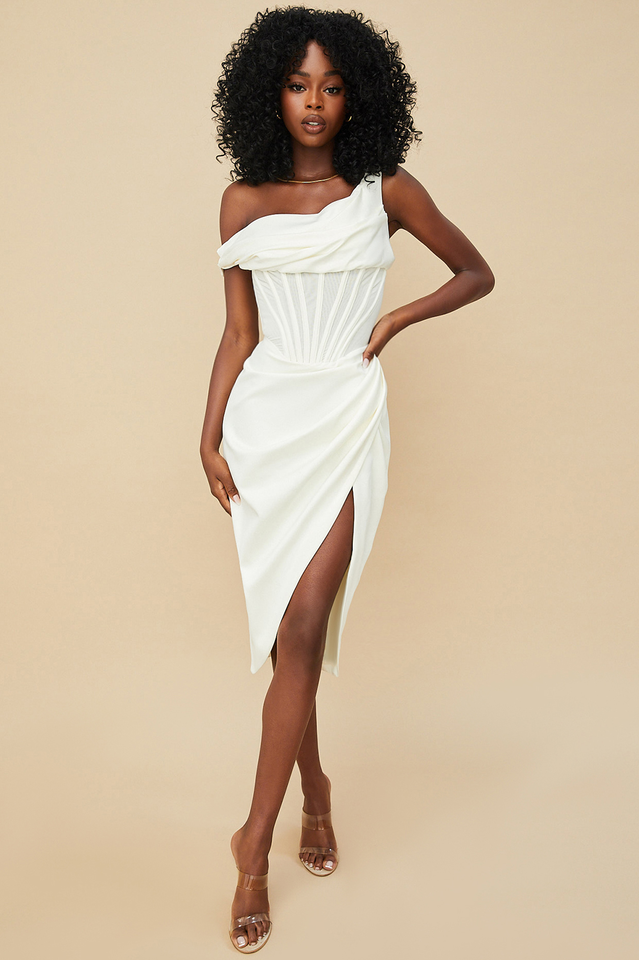 One Shoulder Corset Mesh Panel Draped Wrap High Split Midi Dress