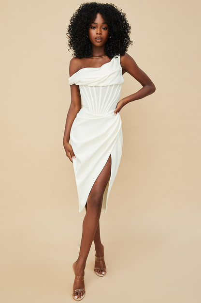 One Shoulder Corset Mesh Panel Draped Wrap High Split Midi Dress