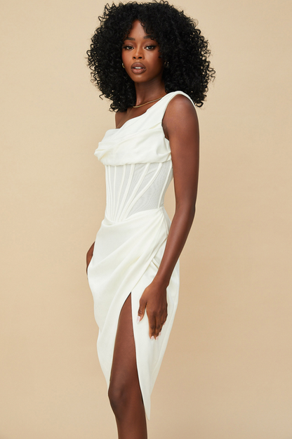 One Shoulder Cowl Draped Corset Mesh Panel Wrap High Slit Midi Dress