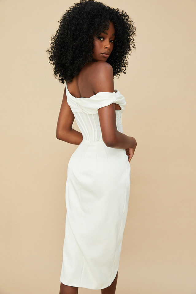 One Shoulder Corset Mesh Panel Draped Wrap High Split Midi Dress