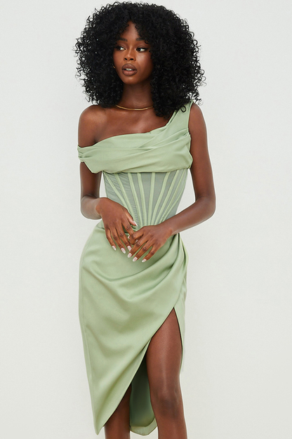 One Shoulder Cowl Draped Corset Mesh Panel Wrap High Slit Midi Dress