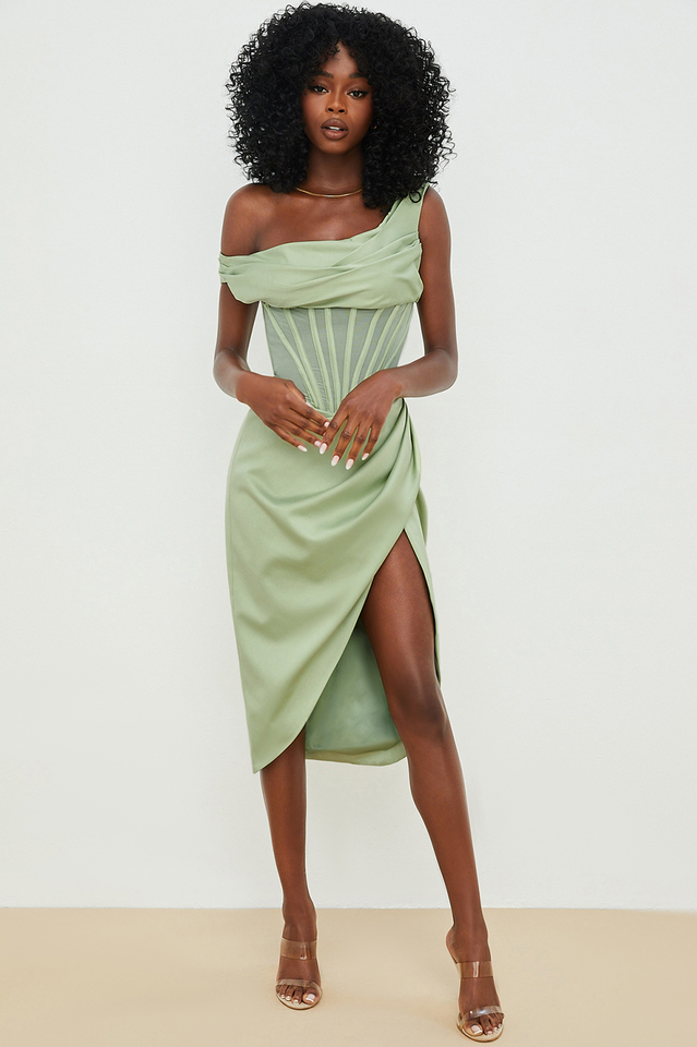 One Shoulder Corset Mesh Panel Draped Wrap High Split Midi Dress
