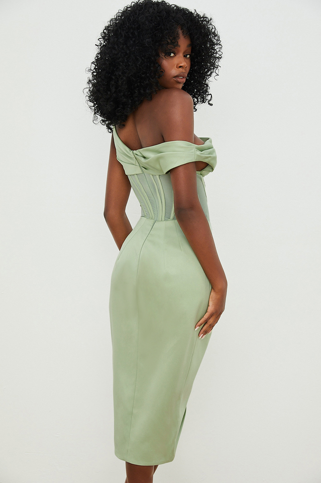 One Shoulder Corset Mesh Panel Draped Wrap High Split Midi Dress