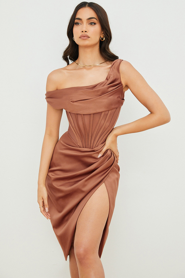 One Shoulder Cowl Draped Corset Mesh Panel Wrap High Slit Midi Dress