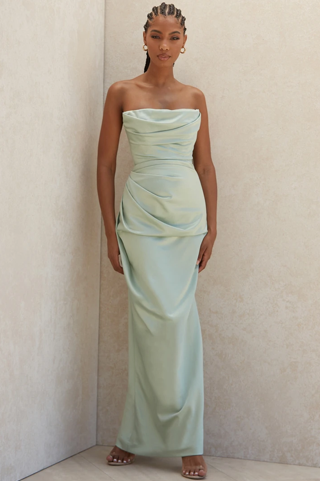 Satin Strapless Draped Cowl Ruched High Split Maxi Gown