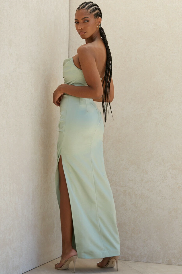 Satin Strapless Draped Cowl Ruched High Split Maxi Gown