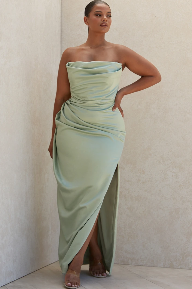 Satin Strapless Draped Cowl Ruched High Split Maxi Gown