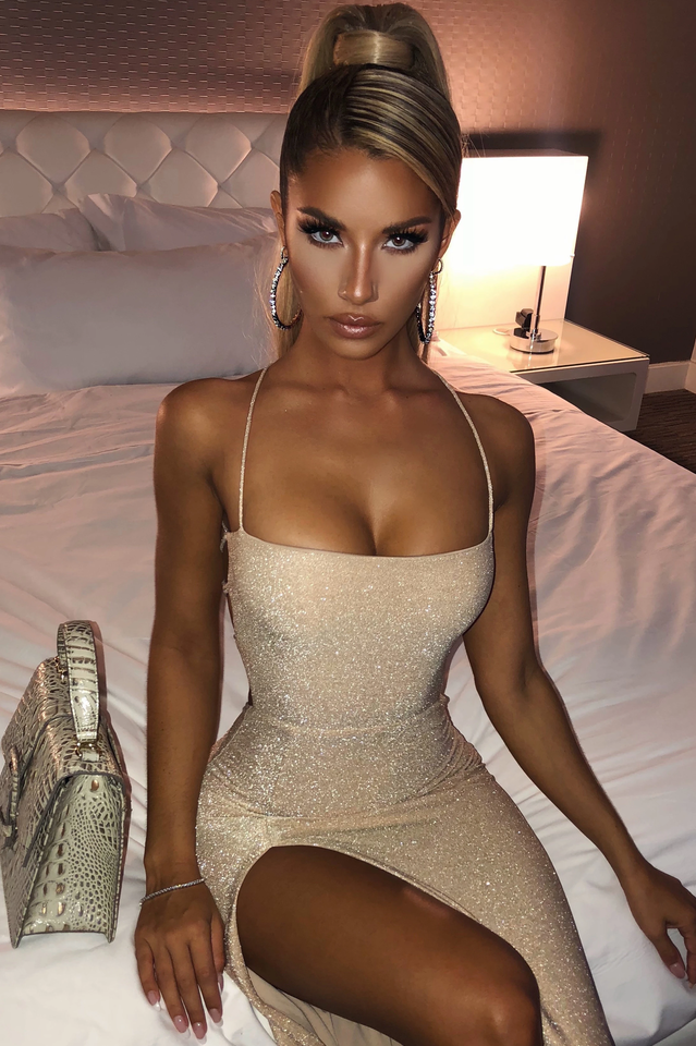 Spaghetti Strap Glitter Side Cutout Lace Up Thigh Slit Maxi Dress