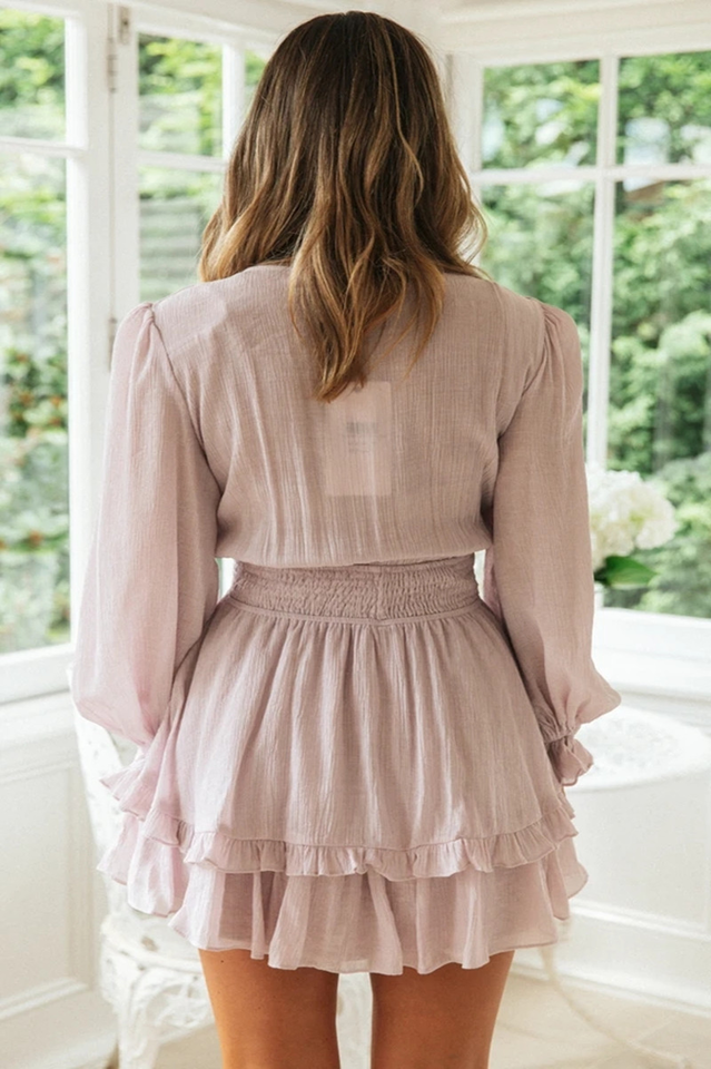 Deep V-Neck Tie Front Smocked Waist Tiered Ruffle Mini Dress