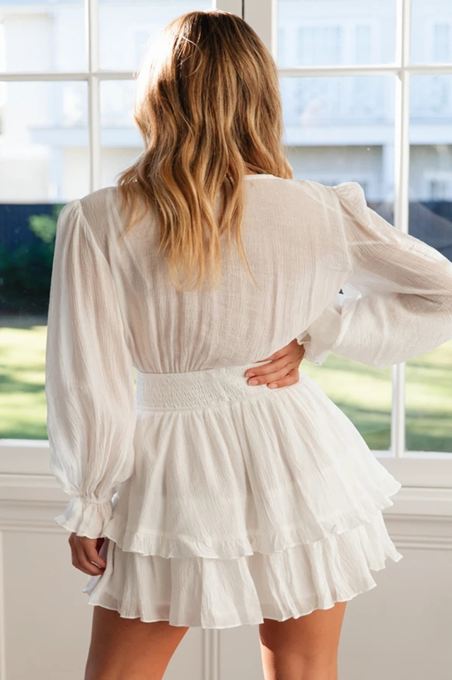 Deep V-Neck Tie Front Smocked Waist Tiered Ruffle Mini Dress