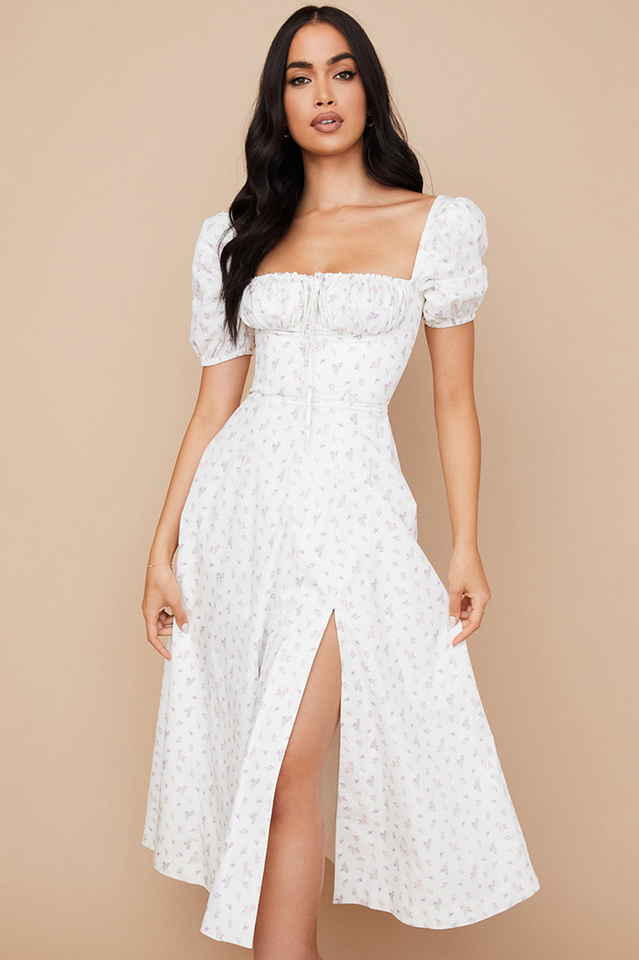 Square Neck Puff Sleeve Ruched Tie Bust Ditsy Floral Thigh Slit Midi Dress