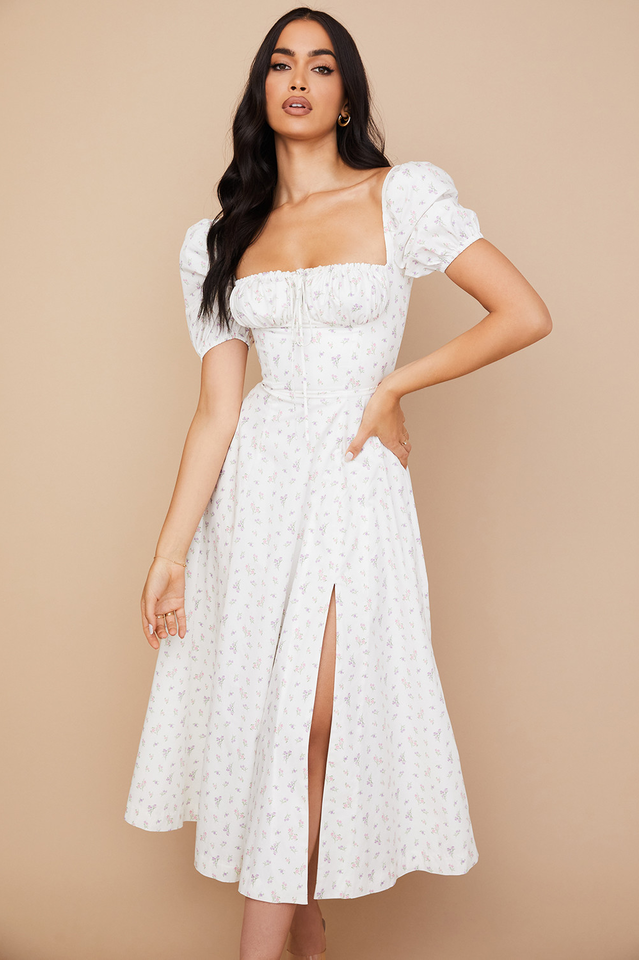 Square Neck Puff Sleeve Ruched Tie Bust Ditsy Floral Thigh Slit Midi Dress