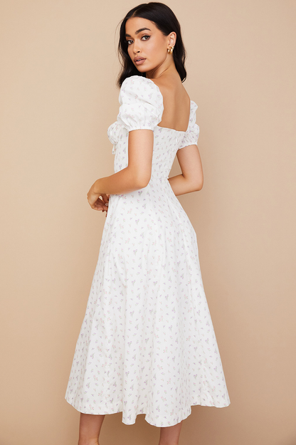 Square Neck Puff Sleeve Ruched Tie Bust Ditsy Floral Thigh Slit Midi Dress