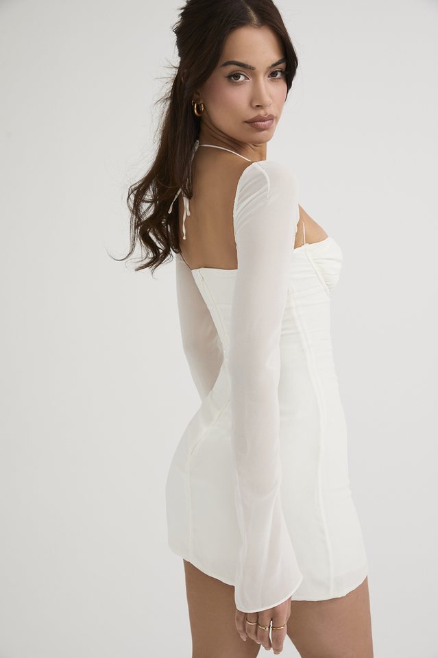 Halter Tie Neck Sweetheart Ruched Long Sleeve Hip Cutout Drawstring Mini Dress