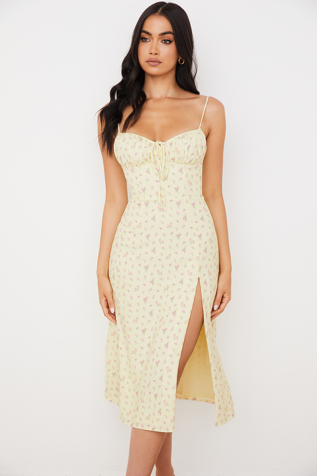 Floral Print Sweetheart Neck Tie Front Spaghetti Strap High Split Midi Dress