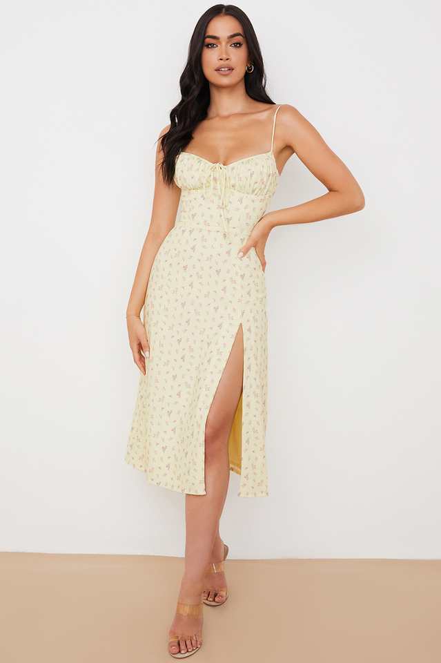 Floral Print Sweetheart Neck Tie Front Spaghetti Strap High Split Midi Dress