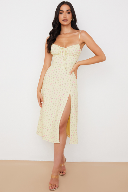 Floral Print Sweetheart Neck Tie Front Spaghetti Strap High Split Midi Dress