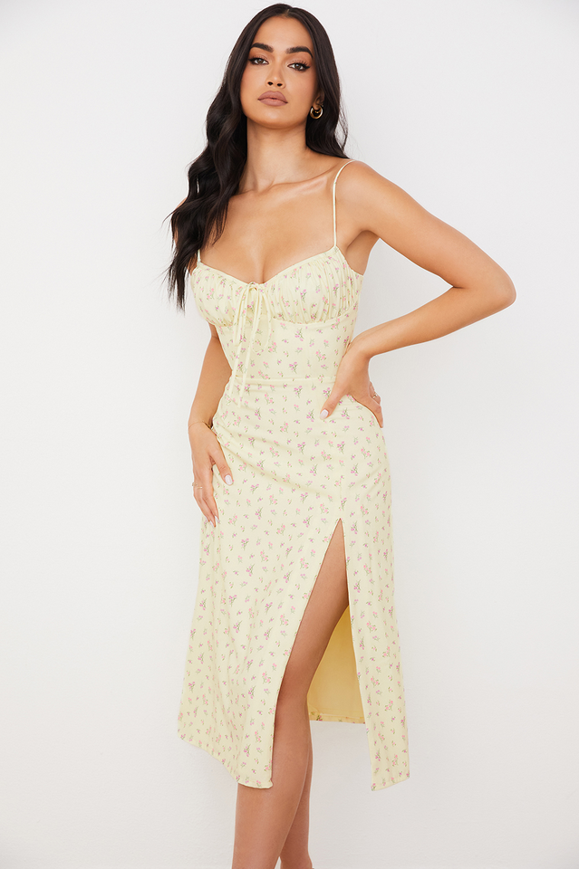 Floral Print Sweetheart Neck Tie Front Spaghetti Strap High Split Midi Dress