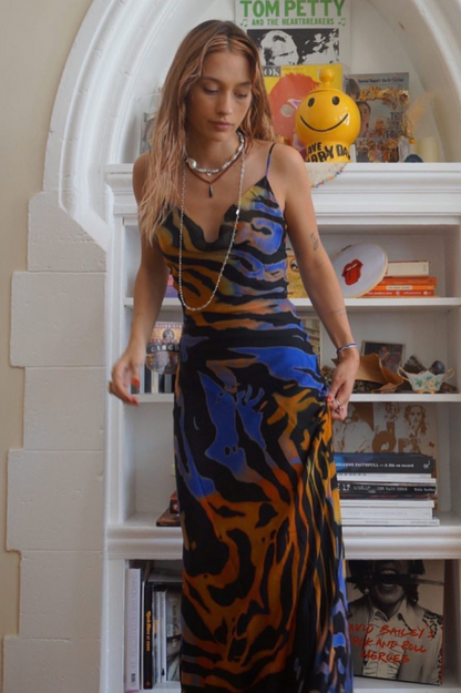 Cowl Neck Spaghetti Strap Abstract Swirl Print Bodycon Maxi Slip Dress