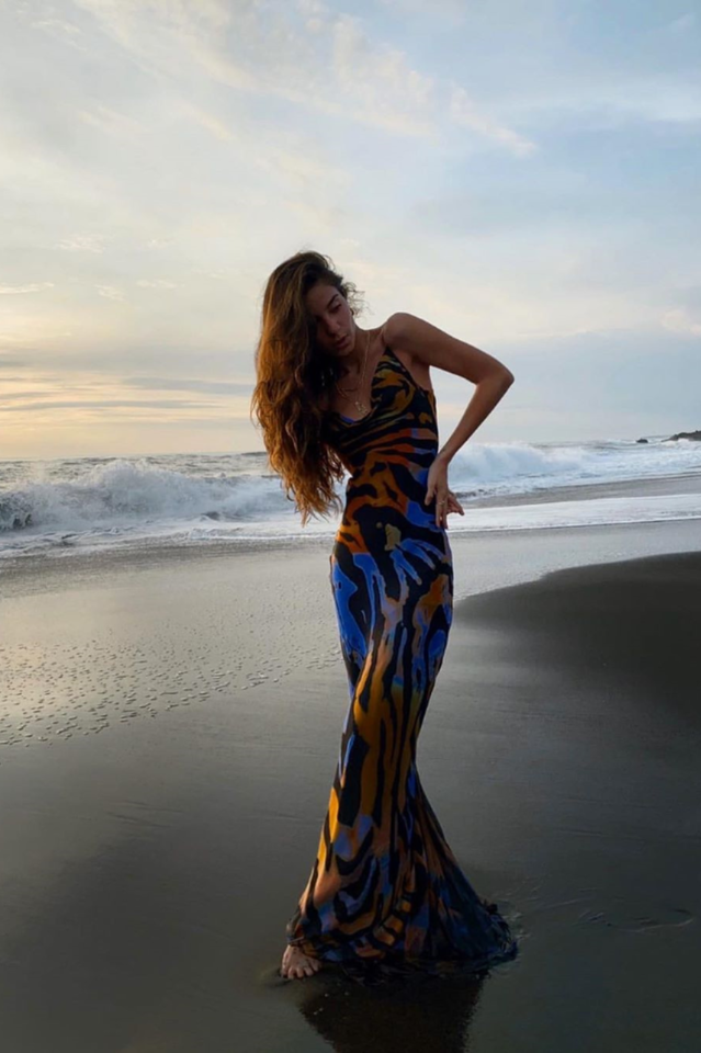Cowl Neck Spaghetti Strap Abstract Swirl Print Bodycon Maxi Slip Dress