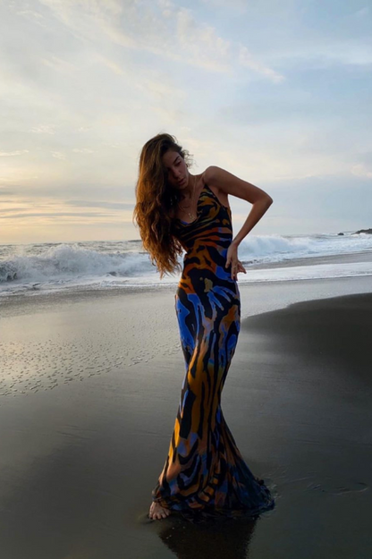 Cowl Neck Spaghetti Strap Abstract Swirl Print Bodycon Maxi Slip Dress