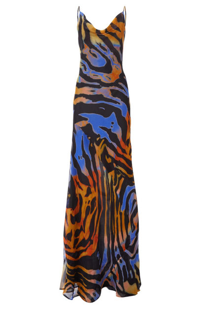 Cowl Neck Spaghetti Strap Abstract Swirl Print Bodycon Maxi Slip Dress