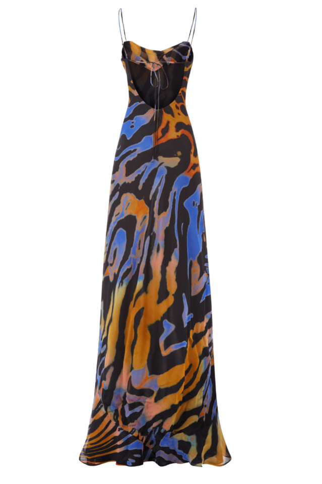 Cowl Neck Spaghetti Strap Abstract Swirl Print Bodycon Maxi Slip Dress