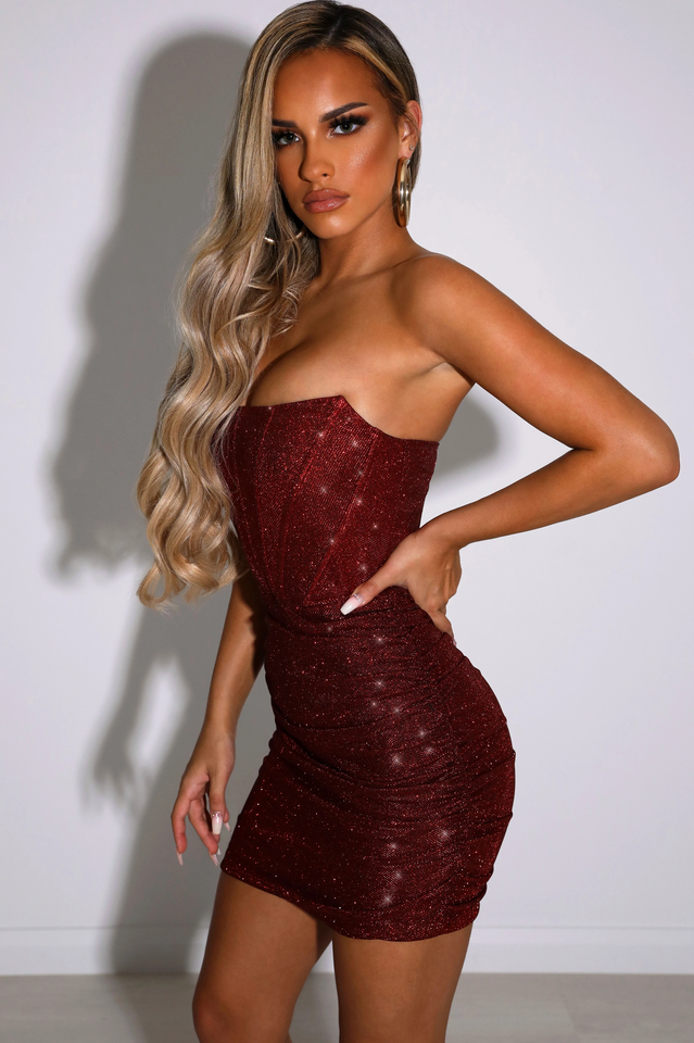 Strapless Corset Boned Glitter Ruched Bodycon Mini Dress