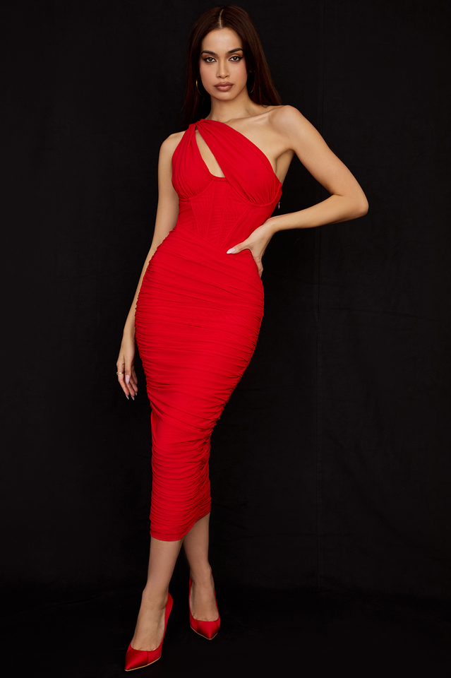 One Shoulder Corset Bodice Ruched Cutout Keyhole Midi Dress