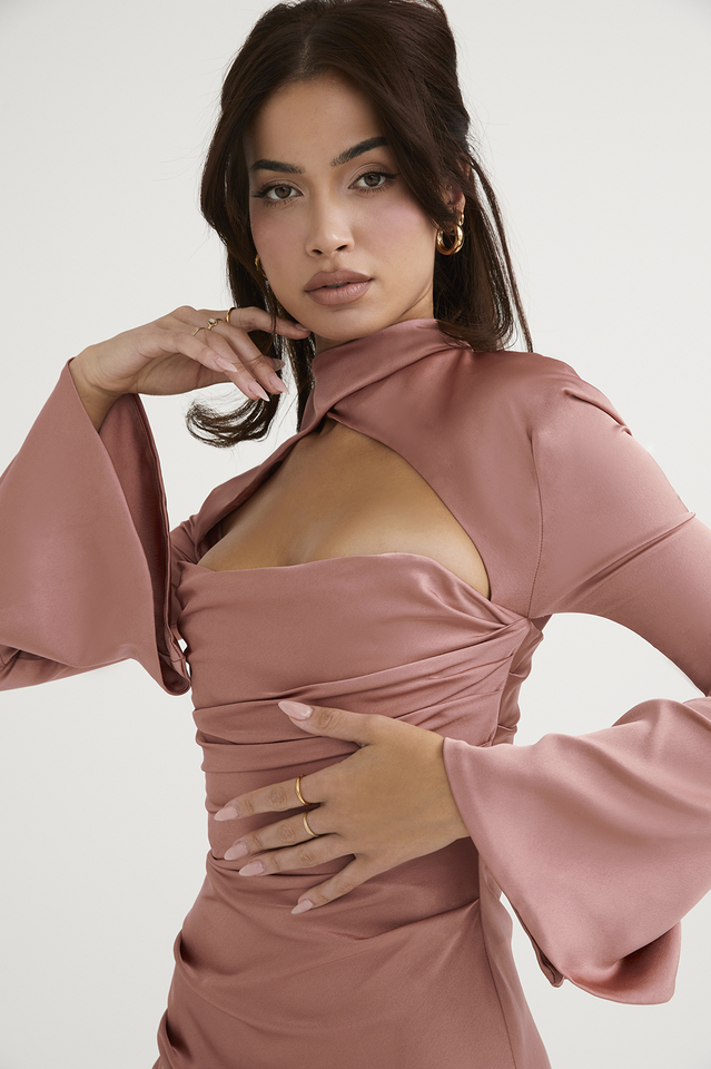 Mock Neck Cutout Overlay Dramatic Bell Sleeve Ruched Strapless Mini Dress