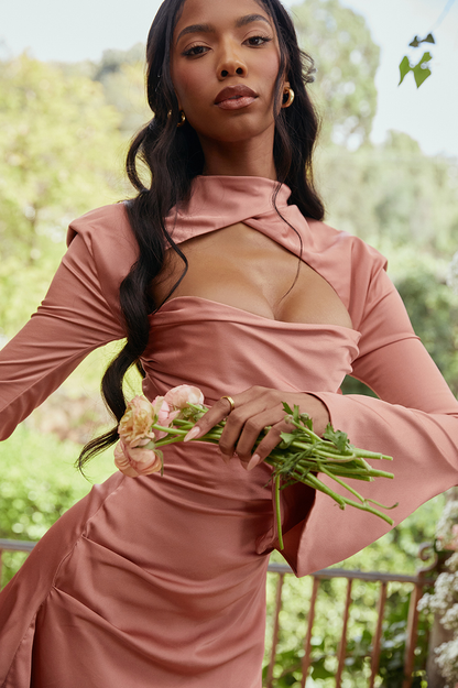 Mock Neck Cutout Overlay Dramatic Bell Sleeve Ruched Strapless Mini Dress