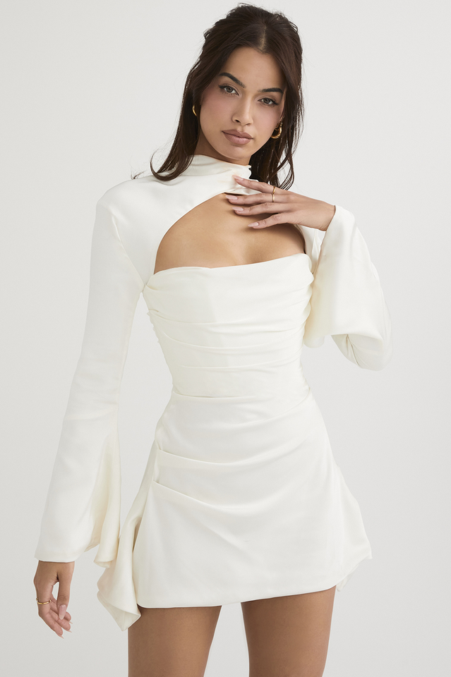 Mock Neck Cutout Overlay Dramatic Bell Sleeve Ruched Strapless Mini Dress