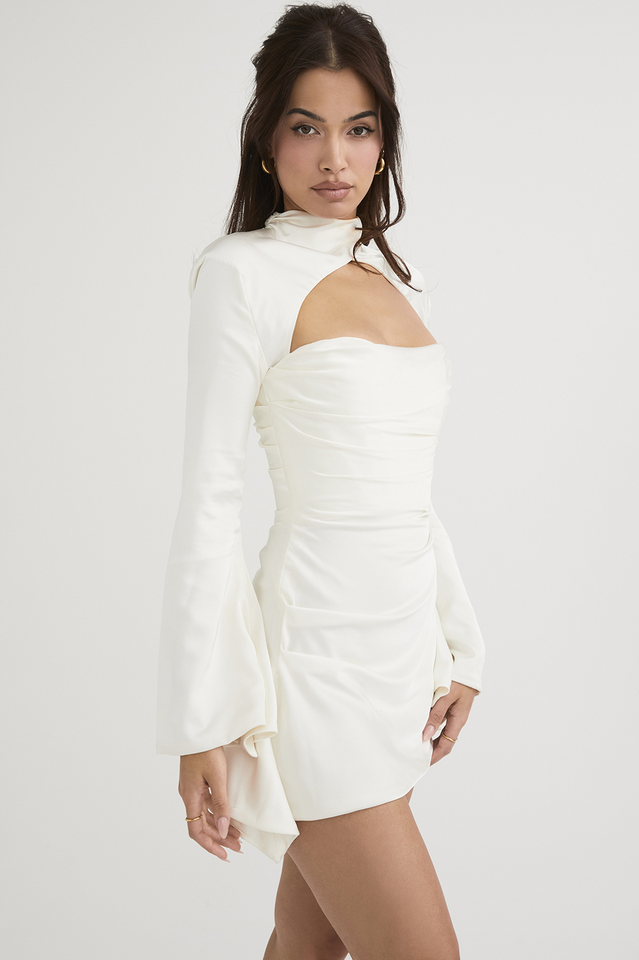 Mock Neck Cutout Overlay Dramatic Bell Sleeve Ruched Strapless Mini Dress