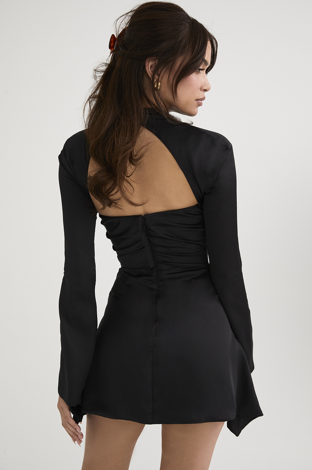 Mock Neck Cutout Overlay Dramatic Bell Sleeve Ruched Strapless Mini Dress