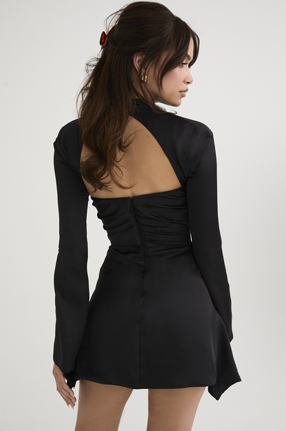Mock Neck Cutout Overlay Dramatic Bell Sleeve Ruched Strapless Mini Dress