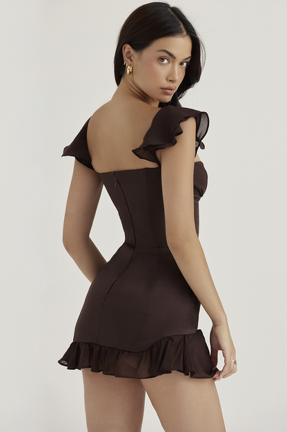 Sweetheart Corset Hook Front Sheer Ruffle Shoulder Mini Dress