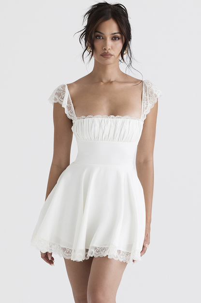 Square Neck Lace Trim Ruched Bust Fit and Flare Lace Hem Mini Dress