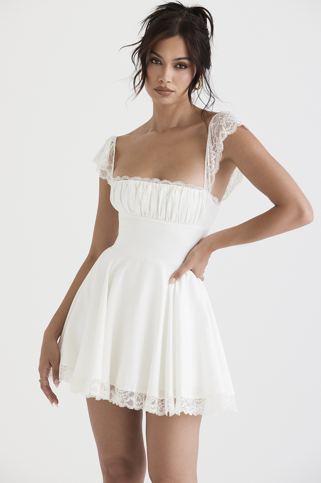 Square Neck Lace Trim Ruched Bust Fit and Flare Lace Hem Mini Dress