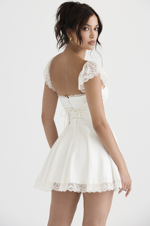 Square Neck Lace Trim Ruched Bust Fit and Flare Lace Hem Mini Dress