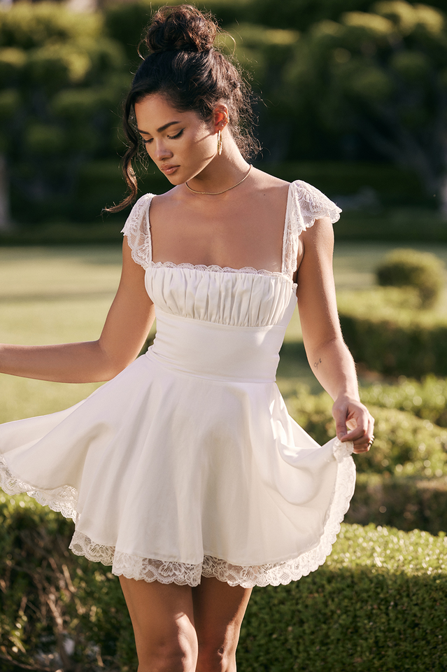 Square Neck Lace Trim Ruched Bust Fit and Flare Lace Hem Mini Dress