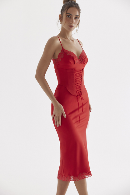 Lace-Up Corset Top Lace Trim Scalloped Hem Satin Midi Skirt Set