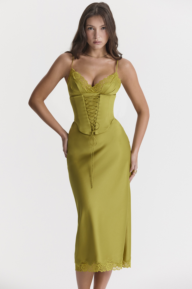 Lace-Up Corset Top Lace Trim Scalloped Hem Satin Midi Skirt Set