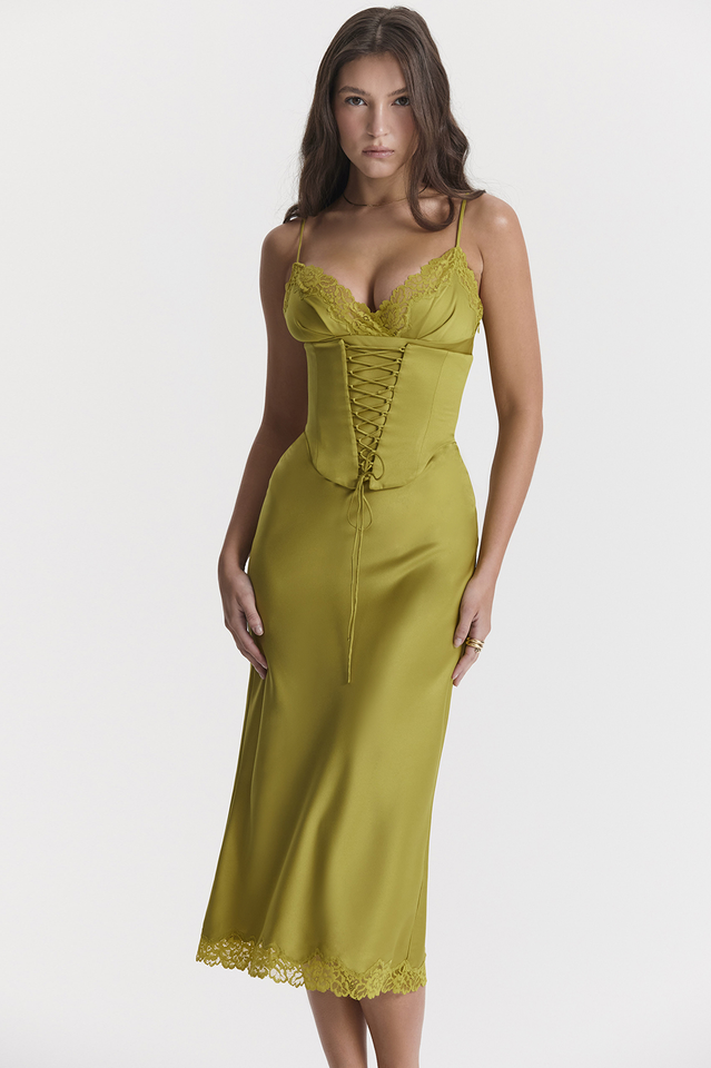 Lace-Up Corset Top Lace Trim Scalloped Hem Satin Midi Skirt Set
