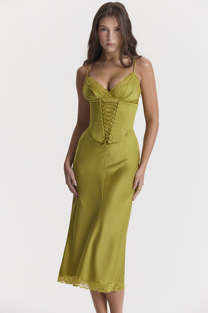 Lace-Up Corset Top Lace Trim Scalloped Hem Satin Midi Skirt Set
