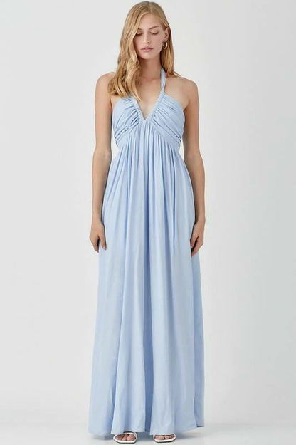 Halter Deep V-Neck Ruched Empire Waist Pleated Maxi Dress