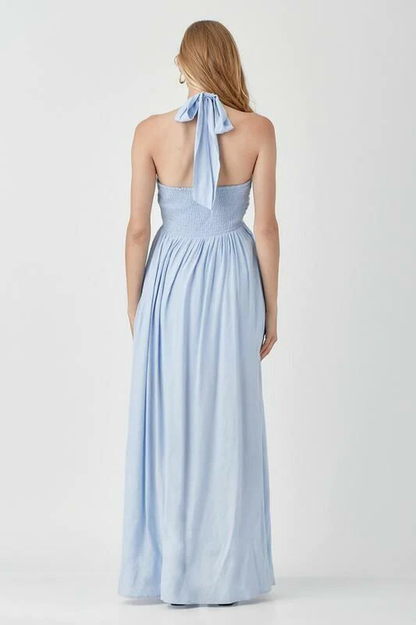 Halter Deep V-Neck Ruched Empire Waist Pleated Maxi Dress